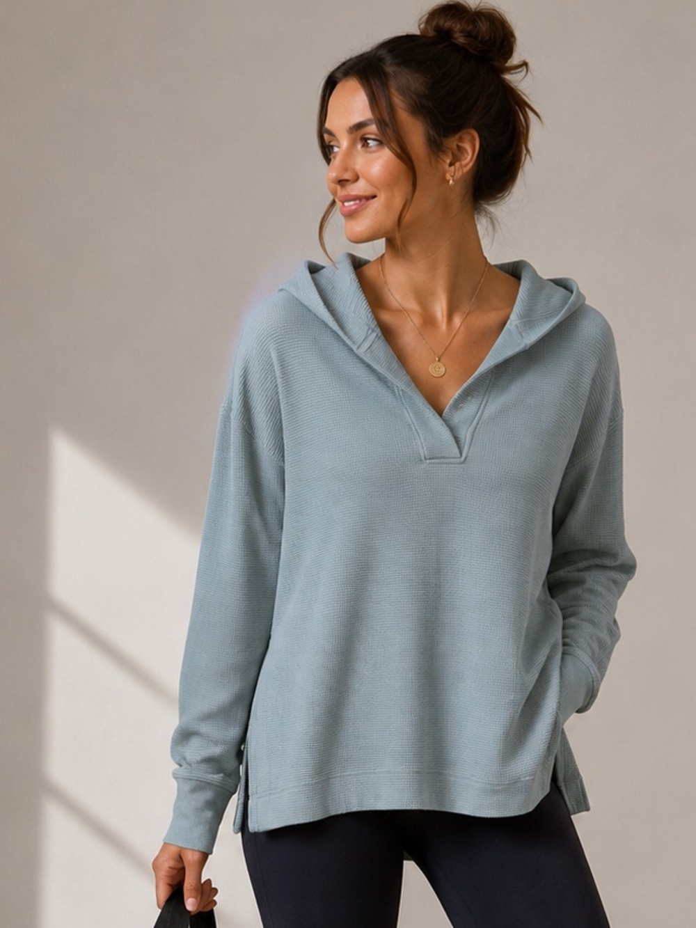 Athleta Pale Blue Waffle-Knit Hooded Pullover